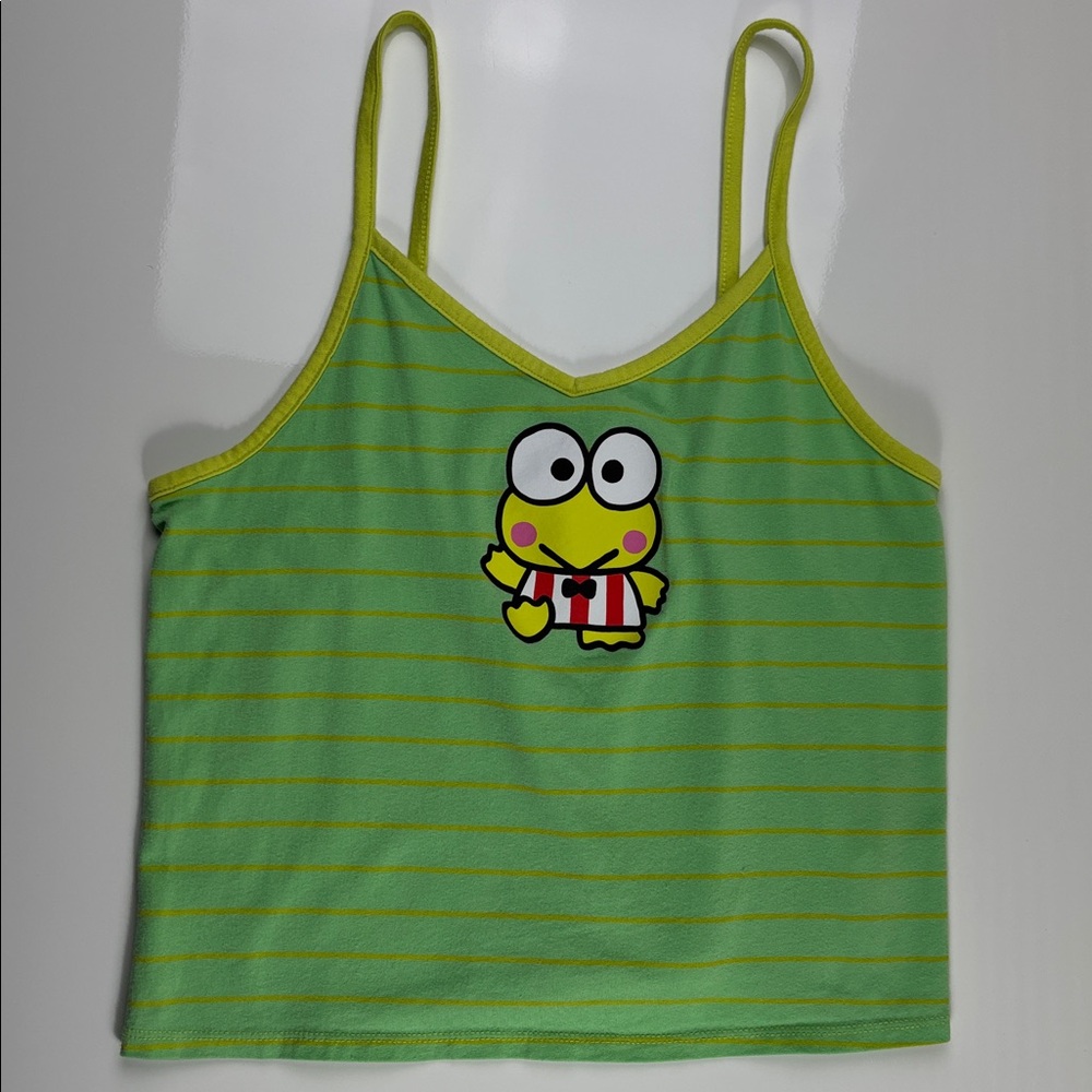 Sanrio Green Striped Frog Graphic Crop Tank with Yellow Trim